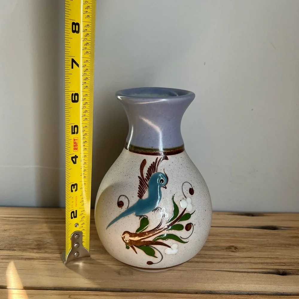 Mexican Tonala Sandstone Pottery Vase Bird Floral